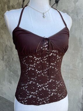Vintage y2k Brown Floral Lace Sheer Halter Top